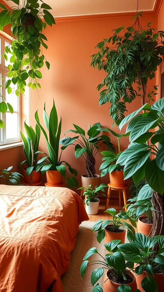 A cozy bedroom with terracotta walls and an array of indoor plants.