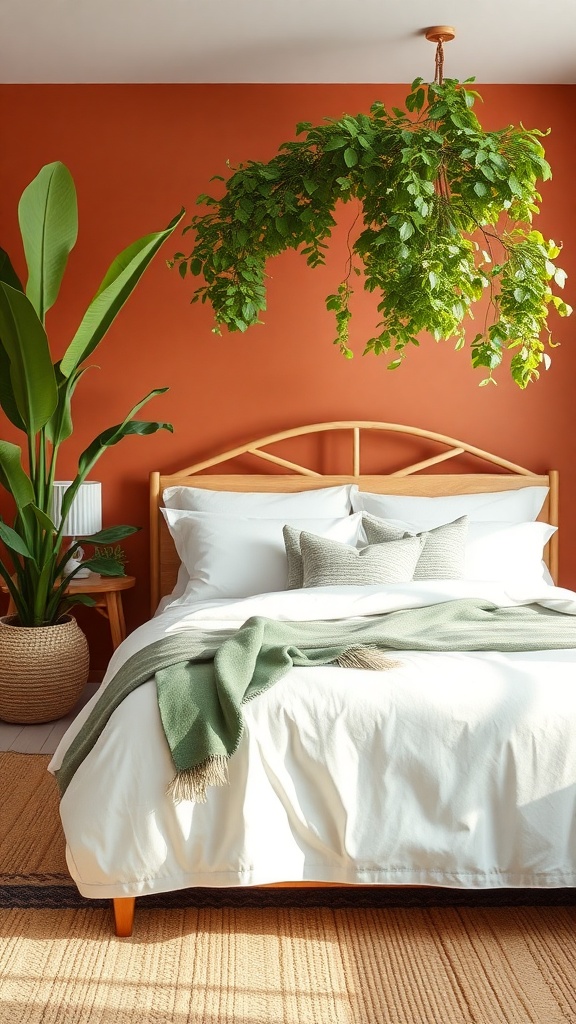 A cozy bedroom featuring terracotta walls, a wooden bed, and greenery with hanging plants.