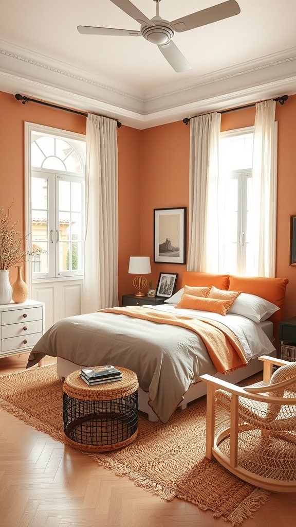 A cozy bedroom featuring terracotta walls, white bedding, and natural decor elements.