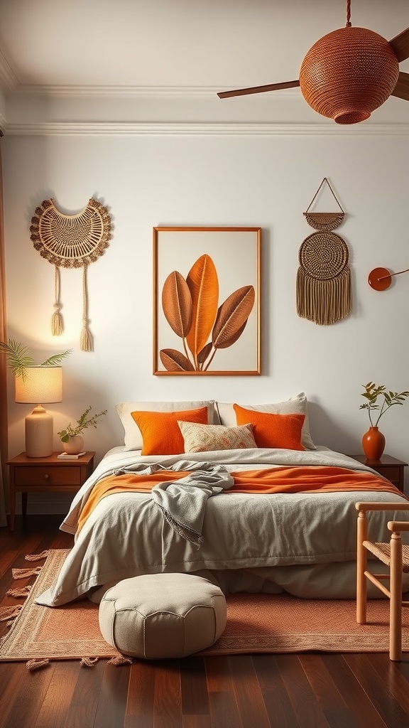 A cozy bedroom featuring terracotta artwork and wall hangings, with warm tones and a comfortable bed.