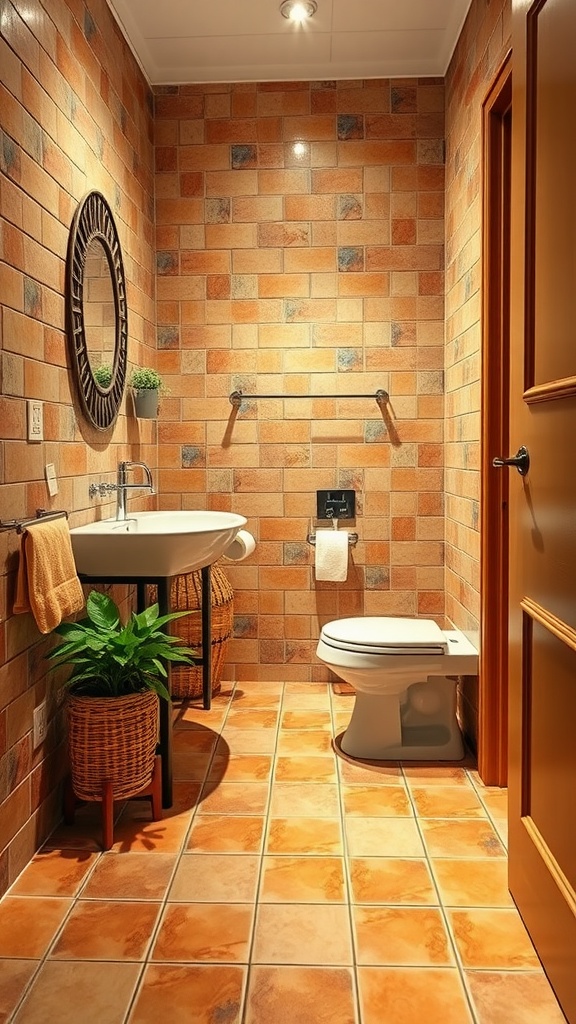 Small bathroom featuring terracotta floor tiles, with warm tones and natural elements.