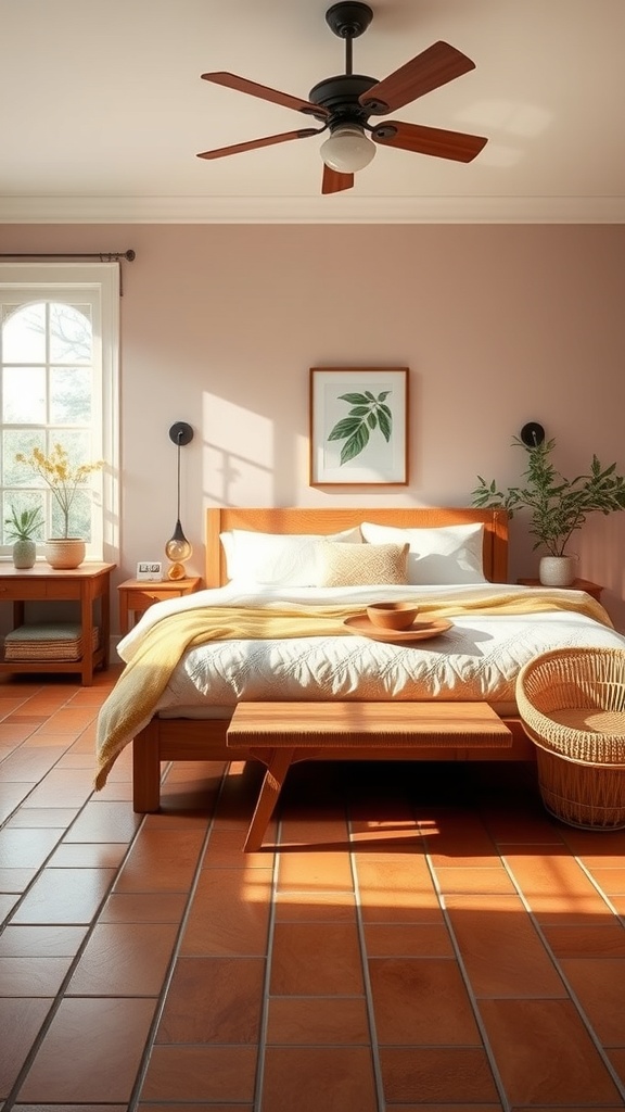 A cozy bedroom featuring terracotta floor tiles, wooden furniture, and soft textiles.