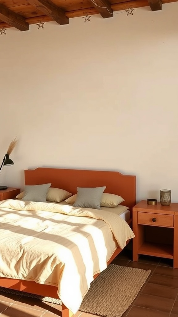 A cozy terracotta-themed bedroom featuring a terracotta bed frame, soft bedding, and a nightstand.