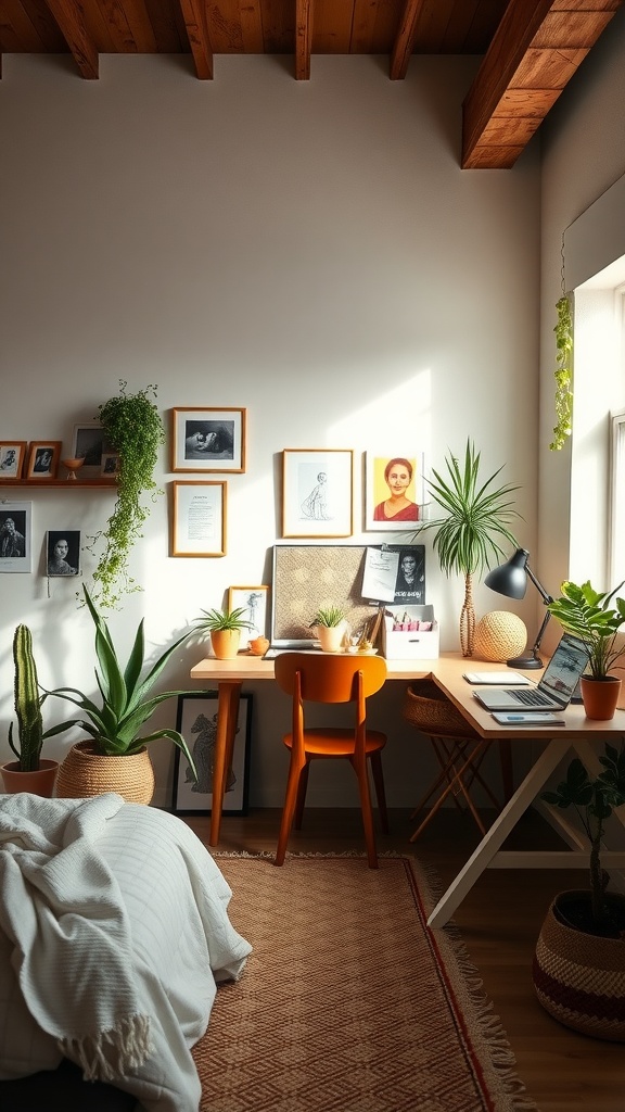 Cozy terracotta-inspired bedroom with plants and wooden furniture