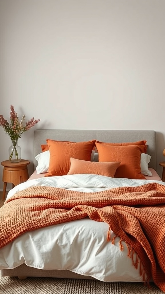 A cozy bedroom with terracotta textiles, featuring a bed with orange pillows and a knitted blanket.