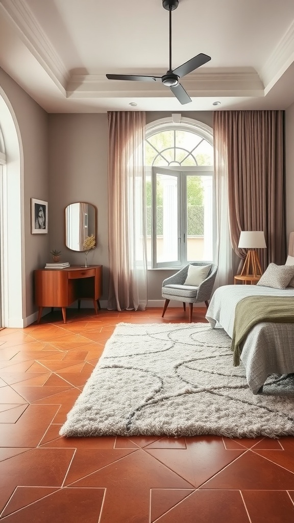 A cozy bedroom featuring terracotta tiles, a plush rug, and stylish furnishings.