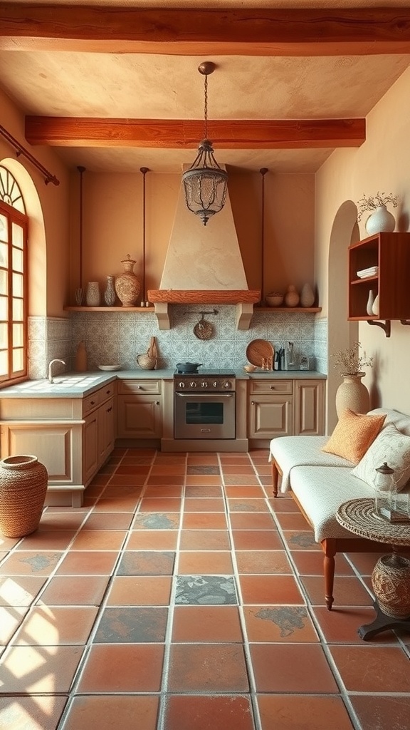 A rustic kitchen with terracotta tiles, wooden beams, and a cozy atmosphere.