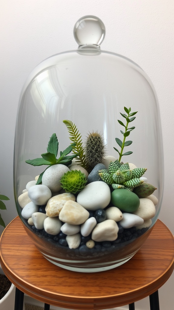 A beautifully arranged terrarium featuring a variety of small plants and pebbles under a glass dome.