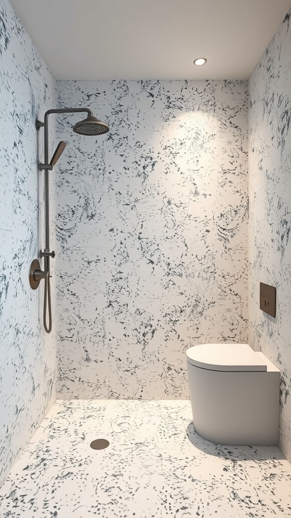 A modern bathroom with terrazzo shower walls and floor, featuring a sleek showerhead and minimalist toilet.