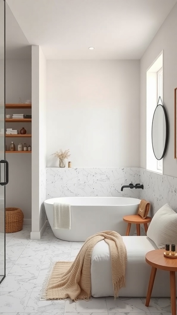 A modern bathroom featuring a freestanding tub, minimalist decor, and terrazzo tile accents.
