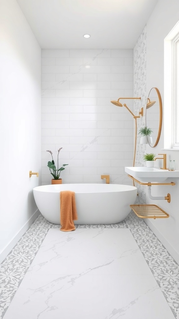 A modern bathroom featuring a white bathtub, terrazzo tile borders, and stylish fixtures.