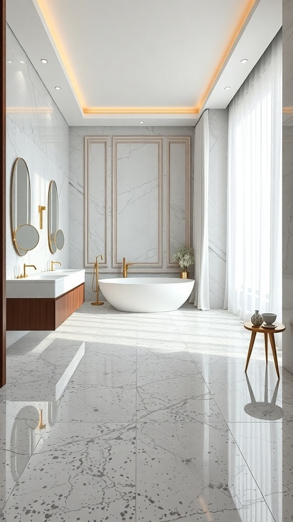 Luxurious bathroom featuring polished terrazzo tile flooring, modern fixtures, and natural light.