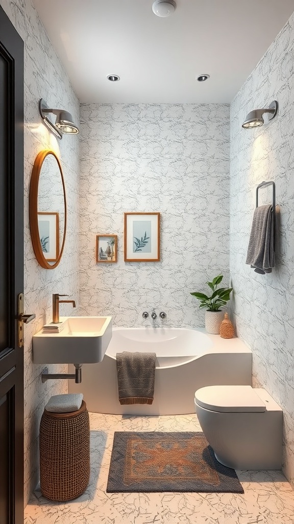 A small bathroom featuring terrazzo tiles, a modern sink, a sleek bathtub, and decorative elements like a round mirror and framed artwork.