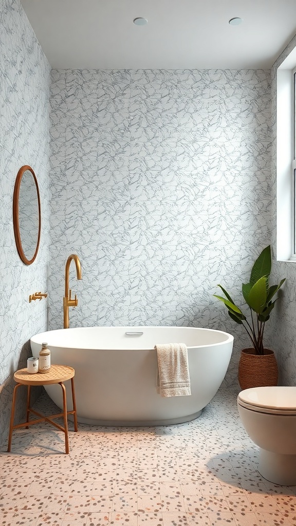 A modern bathroom featuring terrazzo tiles, a freestanding bathtub, and warm lighting.
