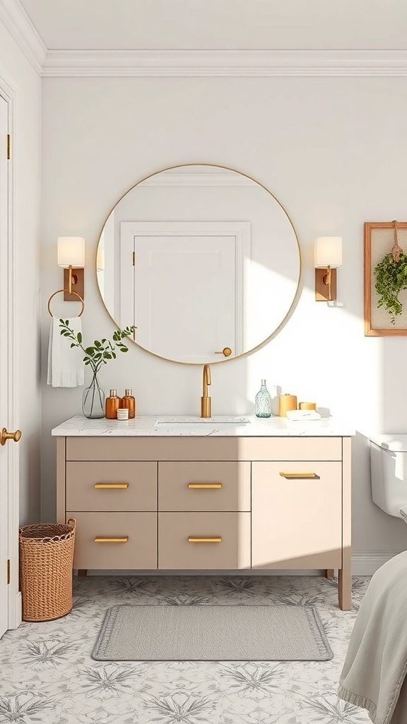 A stylish bathroom featuring a beige vanity with a terrazzo top, round mirror, and warm gold accents.