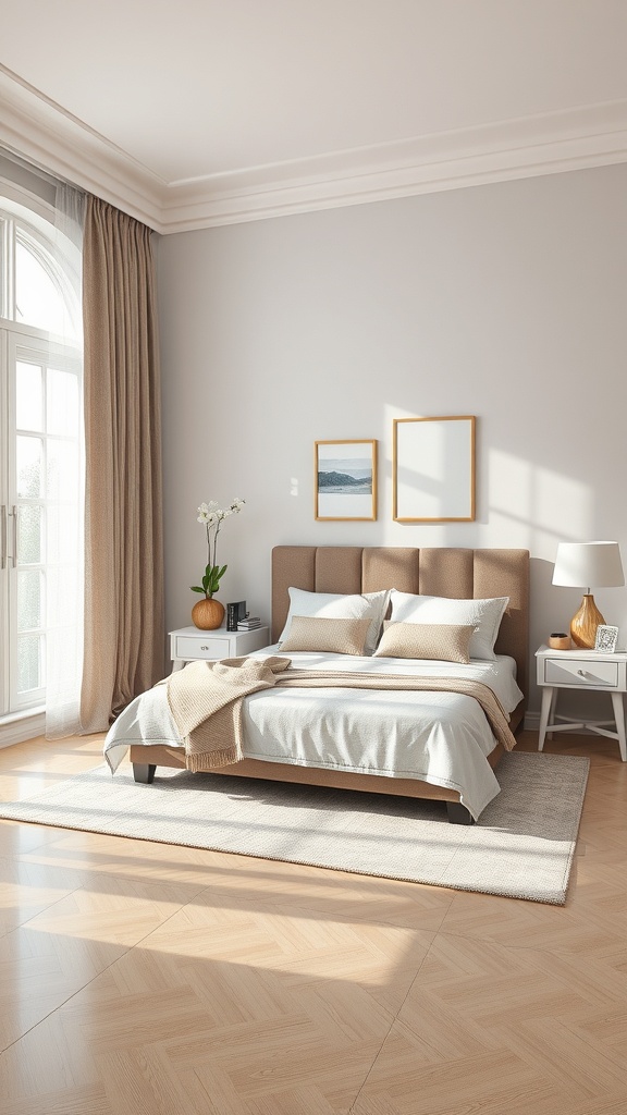 A well-decorated bedroom featuring a bed with light-colored bedding, a stylish rug, and natural light coming through the windows.