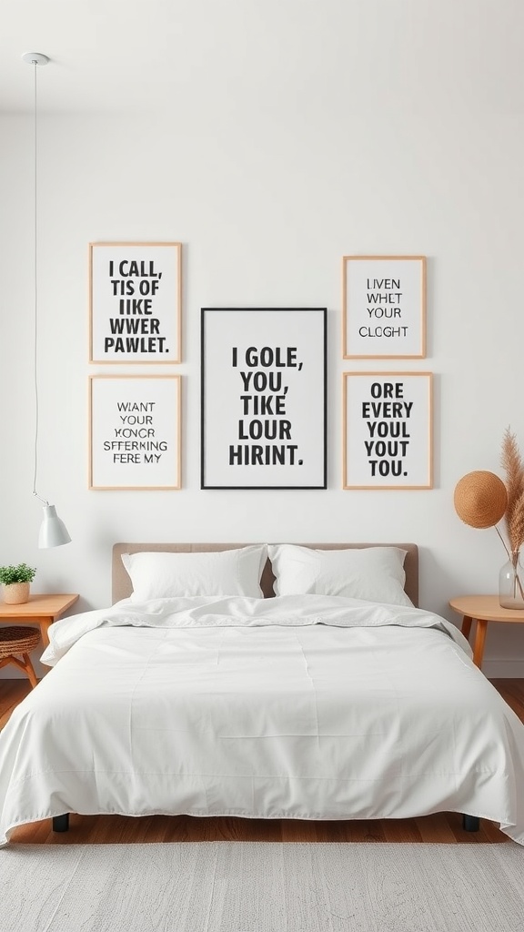 A bedroom featuring a wall with framed text-based art above a neatly made bed.