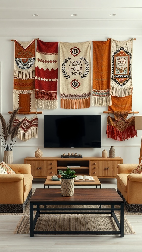 A living room with textile wall hangings in warm tones, complementing the decor around a TV.