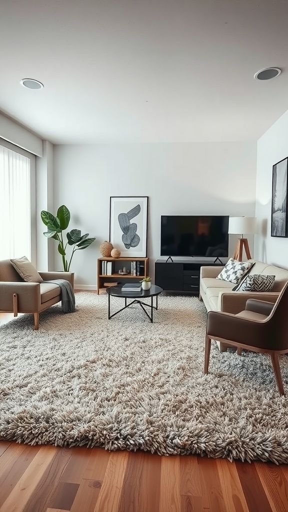 A cozy living room featuring a shag rug with modern furniture and a TV setup.
