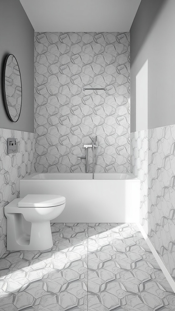Small bathroom with textured 3D tiles on the floor and walls.