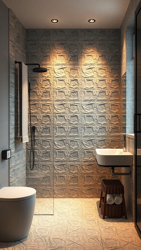 A modern bathroom featuring textured 3D tiles on the wall, with a glass shower, sink, and stylish lighting.