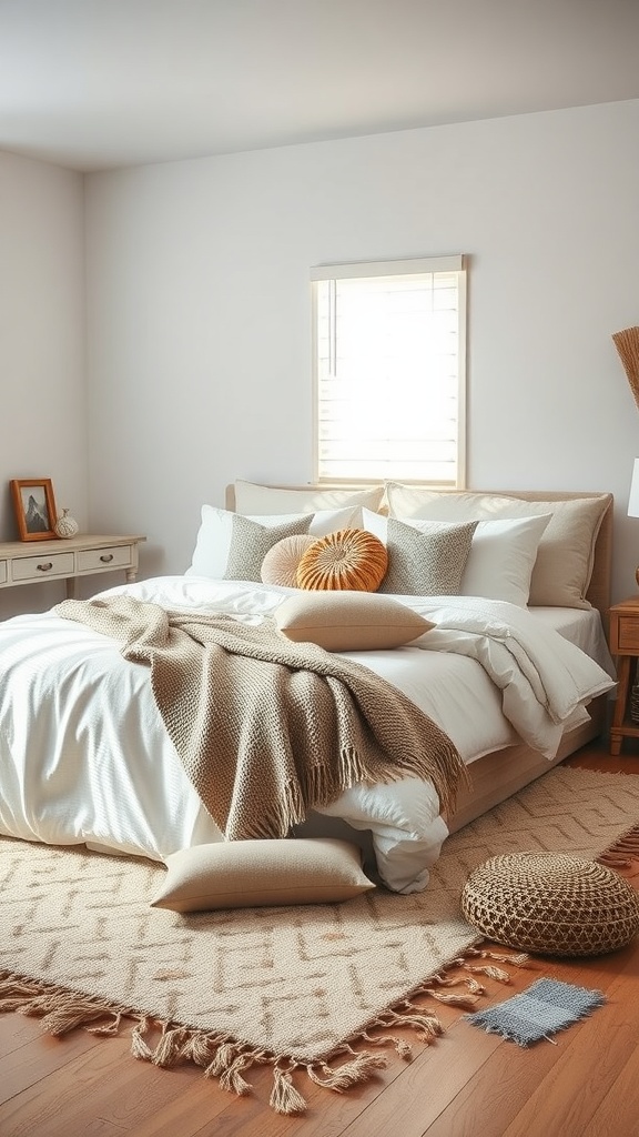 A cozy bedroom featuring a soft bed with pillows and throws, a woven rug, and a decorative pouf.