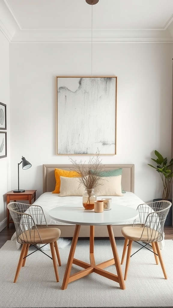 A small living room dining room combo featuring a round table with wire chairs, a bed with colorful cushions, and a plant.
