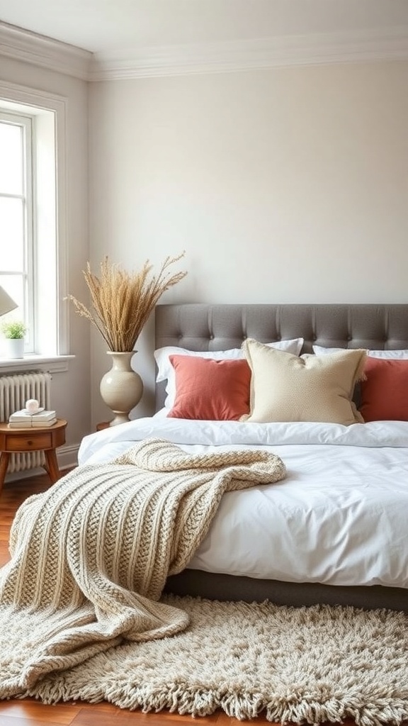 Cozy bedroom with textured accents, featuring a knitted blanket, colorful pillows, and a fluffy rug.