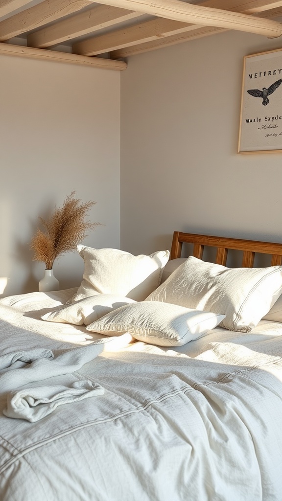 A cozy beach-inspired bedroom featuring textured bedding and neutral colors