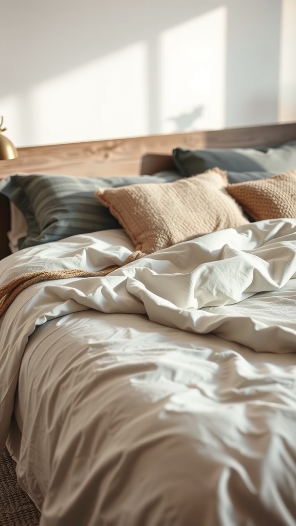 A cozy bed with textured bedding, featuring layered blankets and decorative pillows.