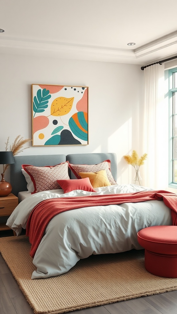 A modern Indian bedroom with textured bedding, featuring a light blue comforter, vibrant red throw blanket, and decorative pillows.