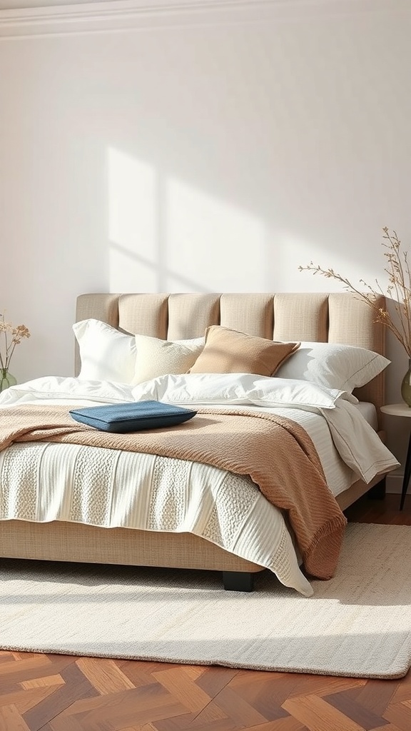 A cozy bedroom with textured bedding, featuring a mix of soft fabrics and neutral colors.