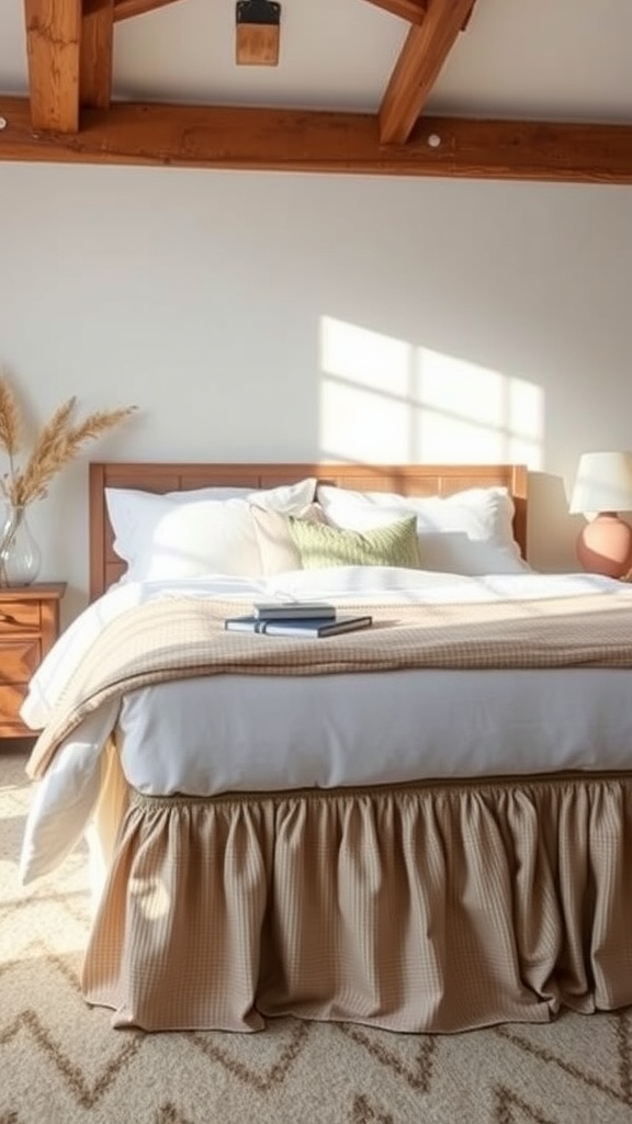 Cozy bedroom with textured bedskirt and warm decor elements.