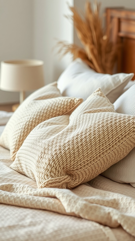 Textured beige throw pillows on a bed with a light-colored blanket and a lamp in the background