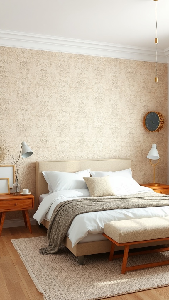 A cozy bedroom featuring textured beige wallpaper, a bed with white linens, and wooden furniture.