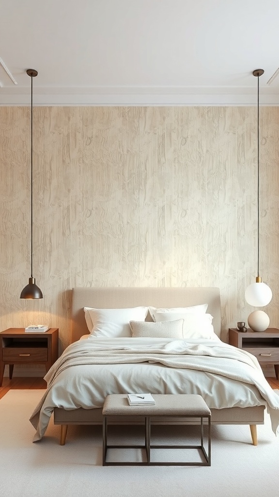 A cozy bedroom featuring textured beige wallpaper, a light-colored bed with soft bedding, and stylish bedside tables.
