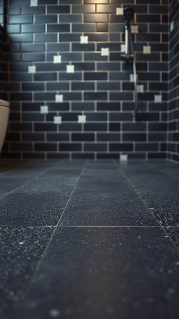Textured black tiles on a bathroom floor with a dark tiled wall