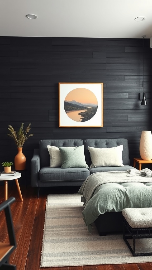 A cozy living room with textured black walls, featuring a gray sofa, a circular landscape artwork, and a wooden floor.