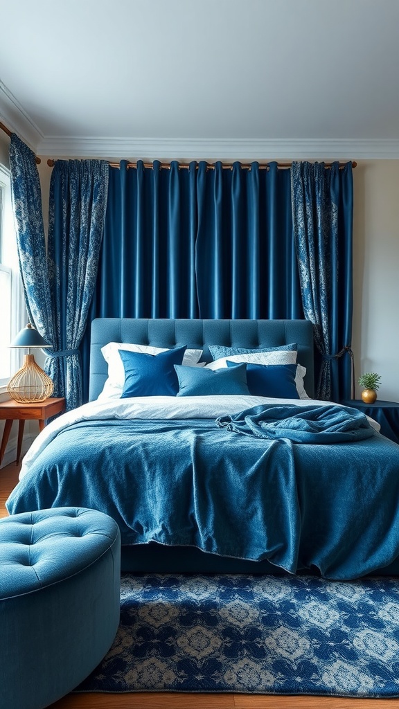 A cozy blue bedroom featuring textured fabrics and patterns, including a blue bedspread, patterned rug, and matching curtains.