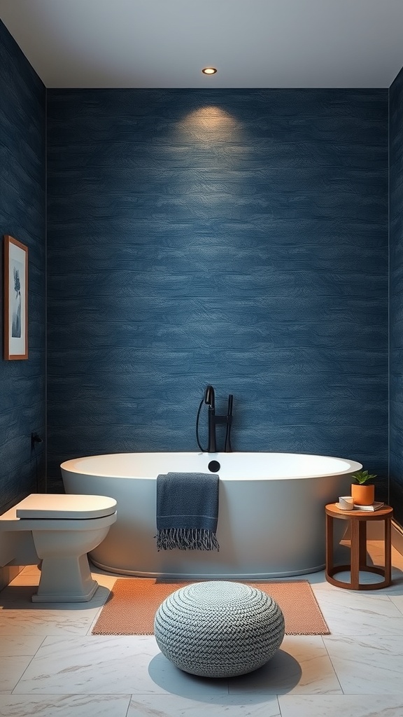A modern bathroom featuring textured blue wallpaper, a white bathtub, and warm lighting.
