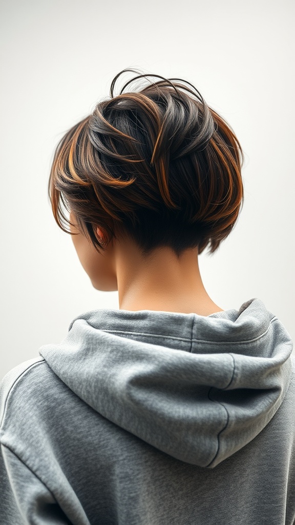A stylish textured bob hairstyle paired with a gray hoodie, showcasing playful, tousled strands and subtle highlights.