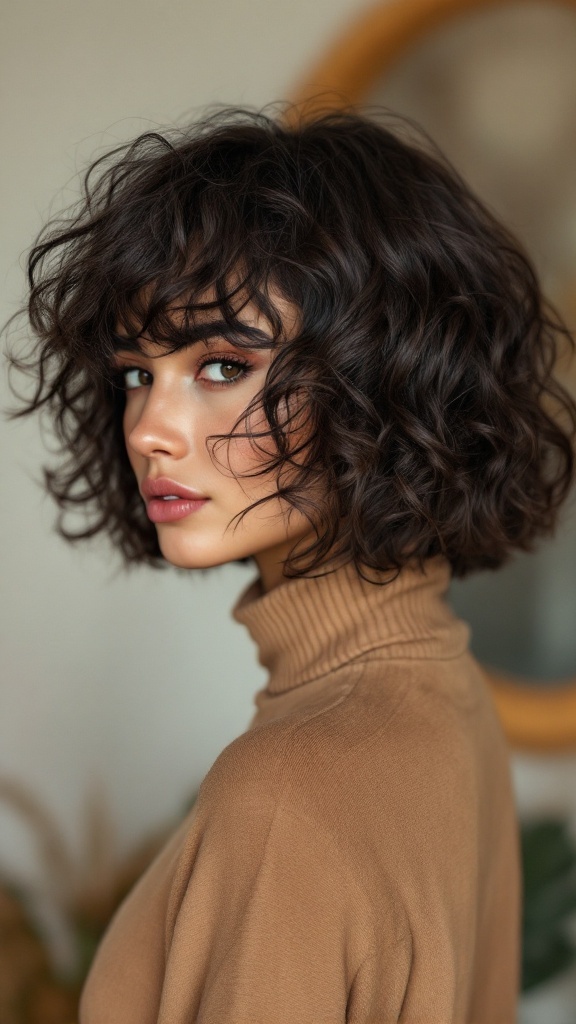 A woman with a textured bob hairstyle wearing a turtleneck.
