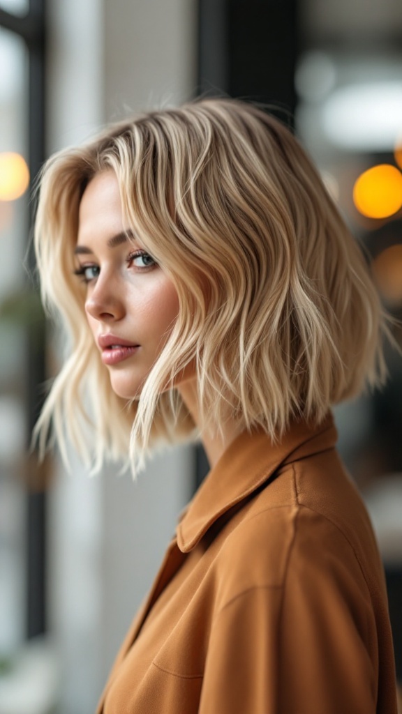 A woman with a textured bob hairstyle featuring blonde highlights, wearing a brown shirt.