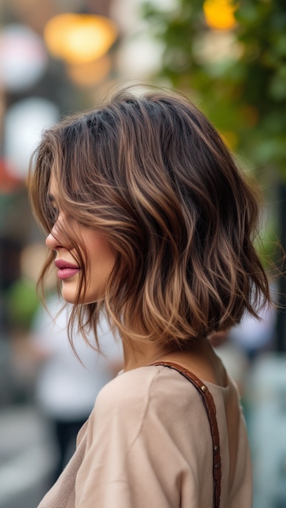 A woman with a textured bob hairstyle featuring a long side fringe, styled in soft waves.