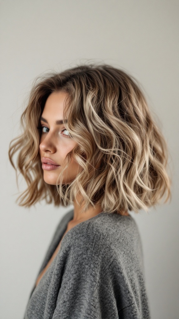 A woman with a textured bob and natural waves, looking stylish and relaxed.