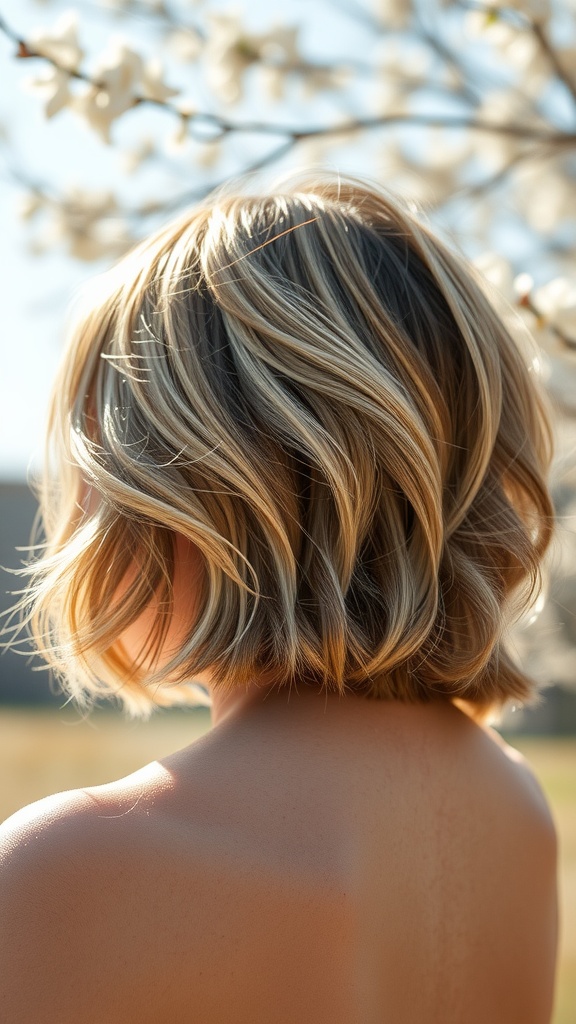 A textured bob hairstyle with subtle waves, viewed from behind, set against a backdrop of blooming flowers.