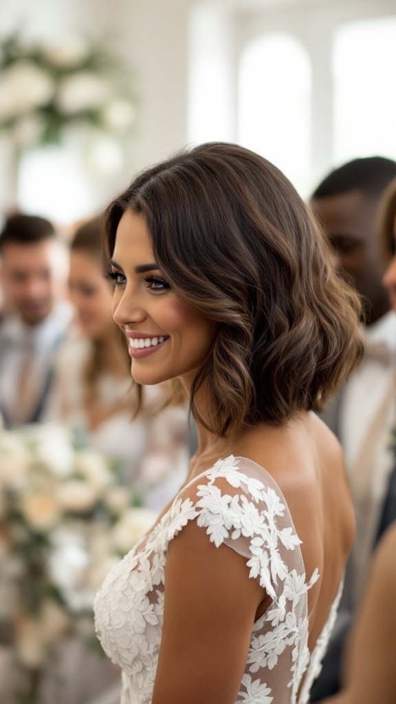 Bridesmaid with a textured bob hairstyle featuring subtle waves