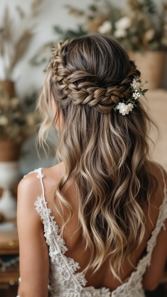 A bridesmaid with a textured boho braid crown hairstyle adorned with flowers.