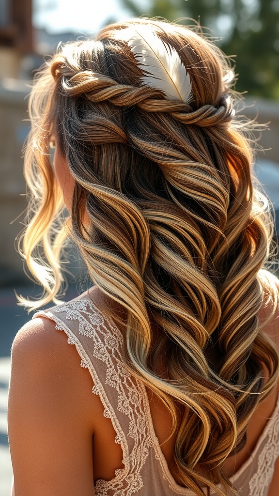 Long hair styled in textured waves with a braided crown and a feather accessory.
