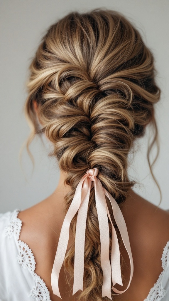A beautifully styled textured braid with ribbons, perfect for a bridesmaid hairstyle.